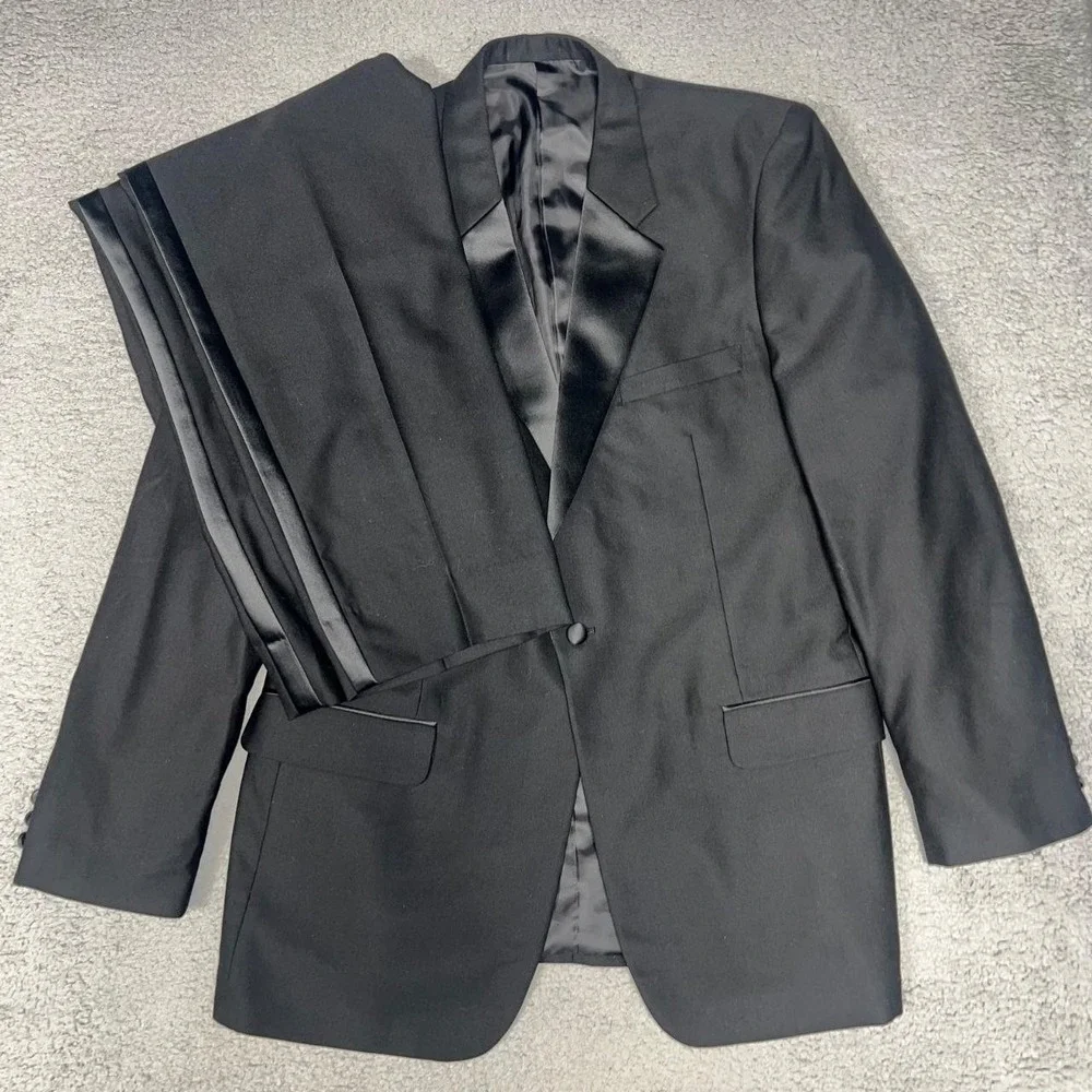 Versini 2 Pc Tuxedo Suit Men's XL 44 & 38x32 Black Satin Notch Wool Blazer Pants